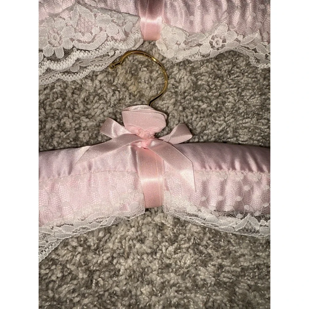 Set of Two Pink Satin and Lace Clothes Hangers Grandma Core Bridal Rosebud